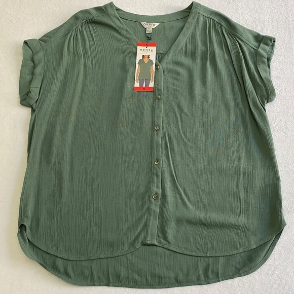 Orvis Blouse V-Neck, Button Front, Dolman Sleeve, Green, Crepe, Medium NWT - Picture 7 of 13